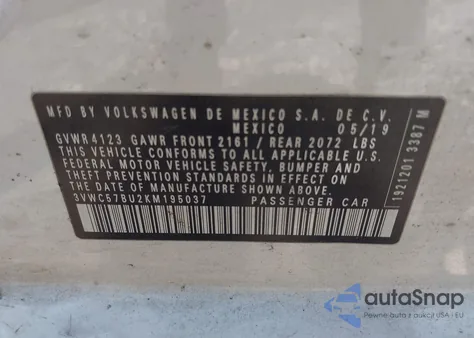 2019 Volkswagen Jetta 1.4T R-Line/1.4T S/1.4T Se from USA, damaged, VIN 3VWC57BU2KM195037